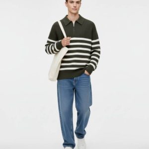 Green Half-Zip Striped Sweater